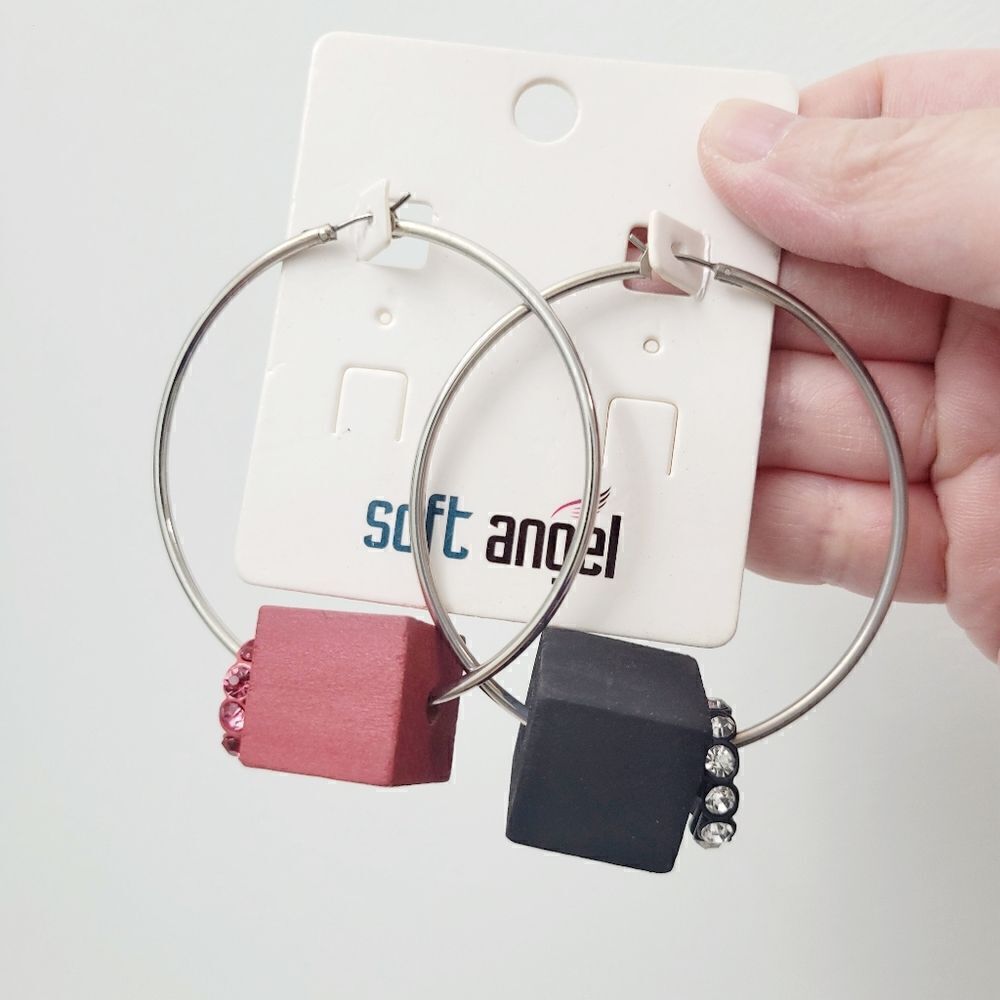 Brand New Red & Black Cube Loop Earrings